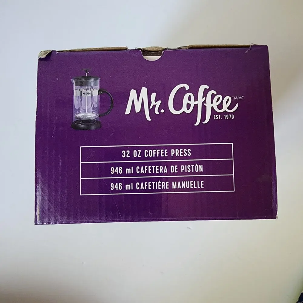Mr Coffee French Press 32 oz 946 ml Black Glass Stainless Steel Scoop Open Box